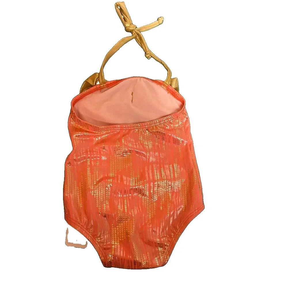 Dippin Daisys Girls 18-24M One Piece Swimsuit Coral Gold Sequin Bow Halter USA